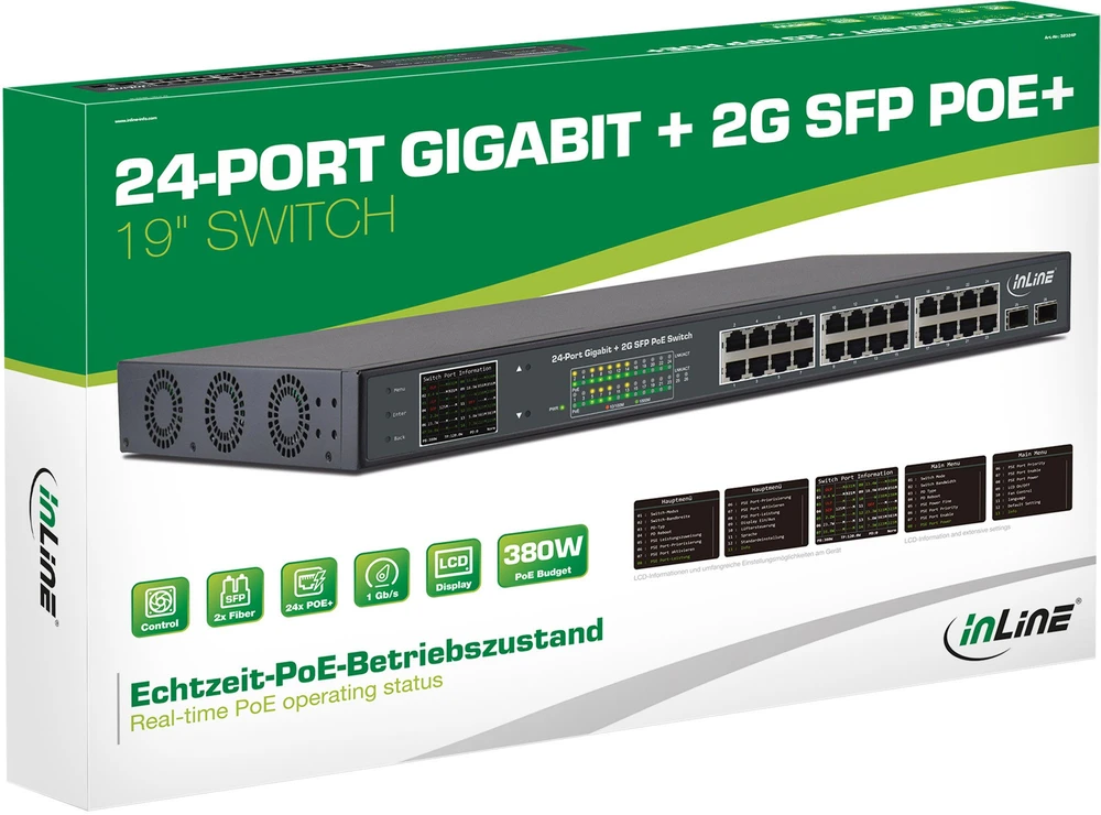 Šakotuvas Switch InLine PoE+ Gigabit 24 prievadų 1Gb/s 2xSFP 19'' 1U (32324P)
