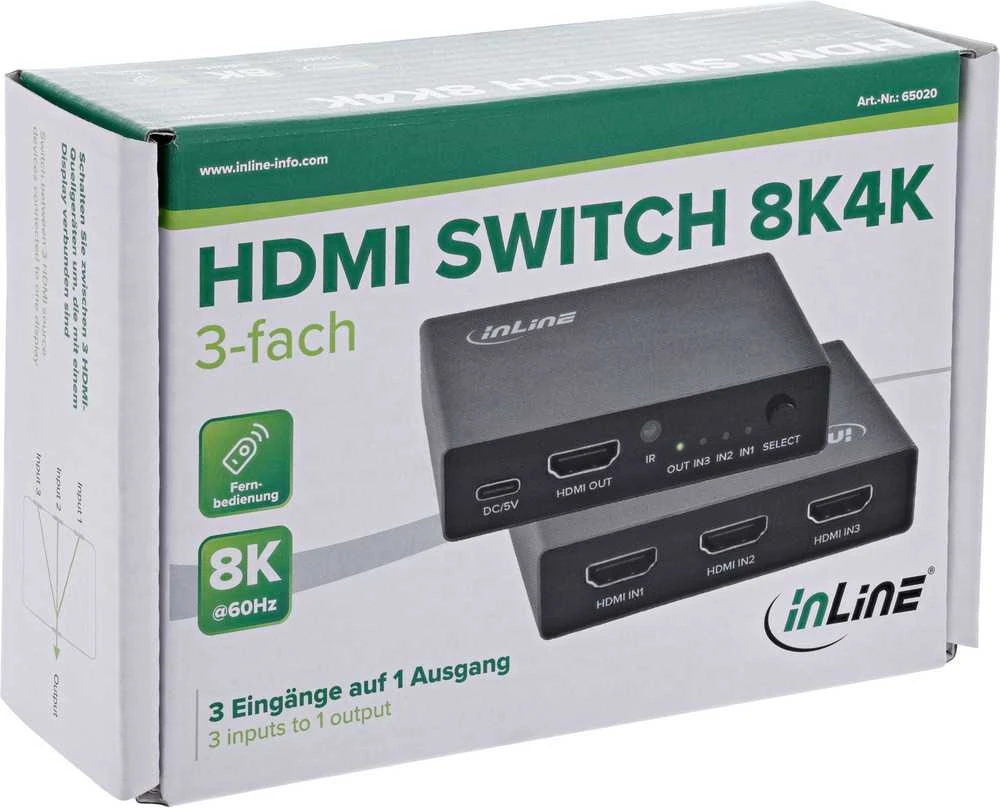 Šakotuvas InLine® HDMI perjungiklis, 3-jų įėjimų, 8K4K@60Hz, HDCP 2.3