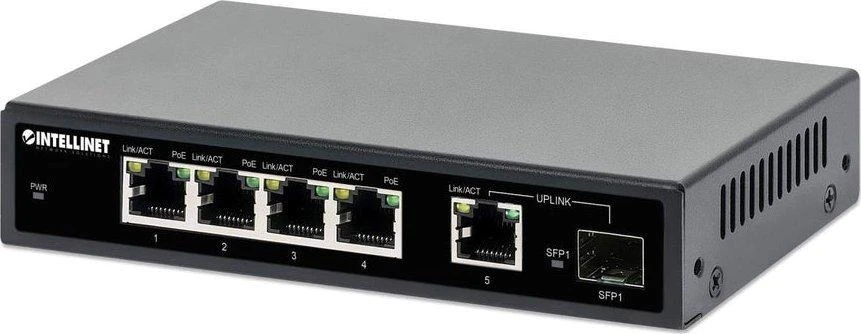 Šakotuvas Intellinet 561822 jungiklis Gigabit 4x RJ45 PoE+, 1x RJ45 Uplink, 1x lizdas SFP