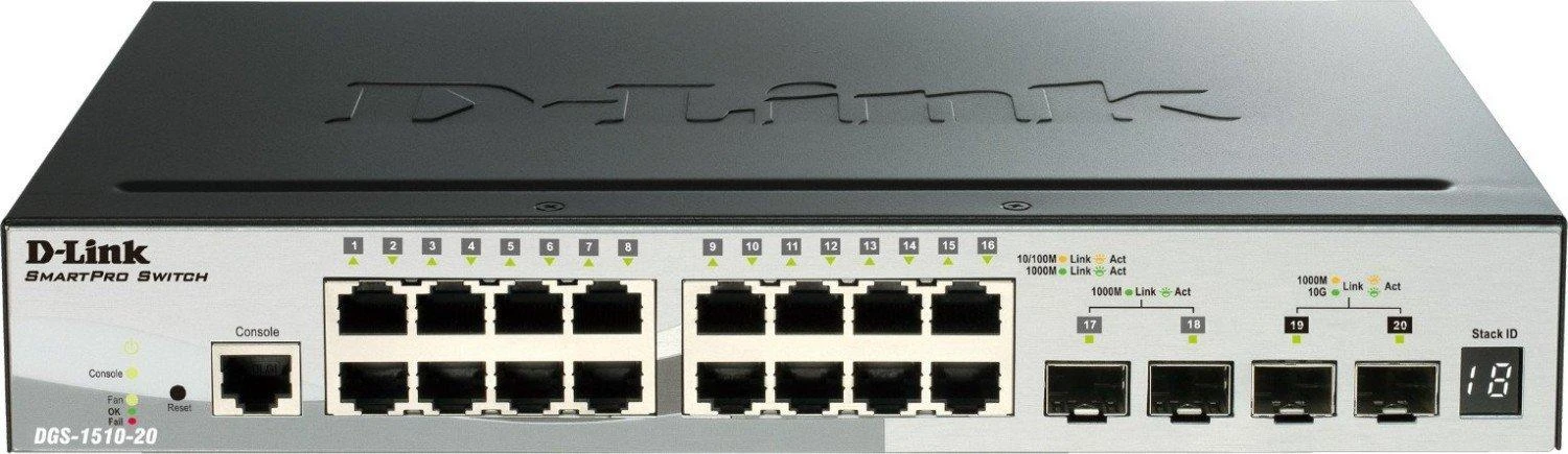 Šakotuvas D-Link | Sukraunamas išmanusis valdomas jungiklis su 10G įkėlimo nuorodomis | DGS-1510-20/E | Tvarkoma L2 | Stalinis/montuojamas ant stovo | Gigabit Ethernet (vario) jungtys kiekis 16