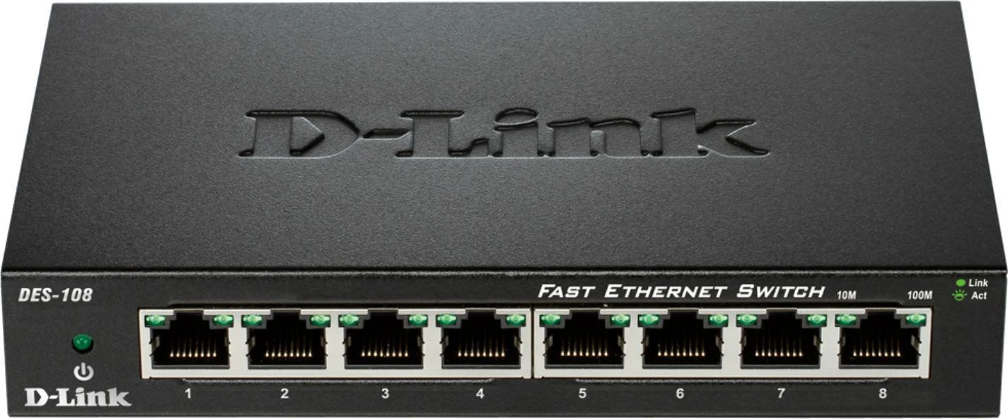 Šakotuvas D-Link DES-108 tinklo komutatorius Ne-valdomas Fast Ethernet (10/100) Juoda