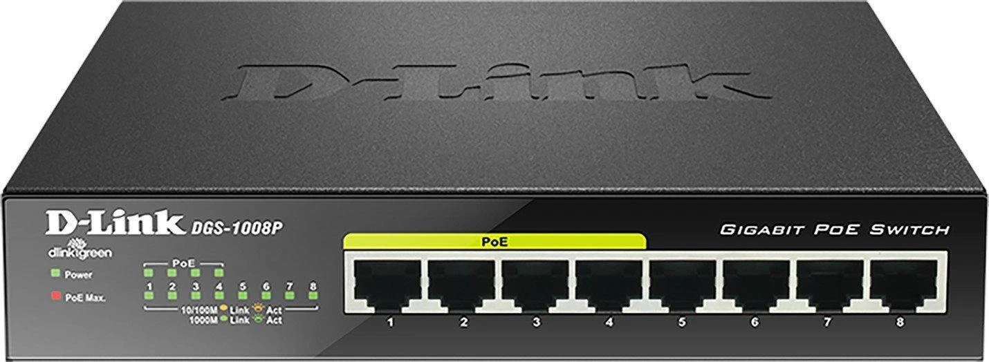 Šakotuvas D-Link Switch DGS-1008P Nevaldomas, Stalinis, 1 Gbps (RJ-45) jungtys kiekis 8, Maitinimo tipas Išorinis