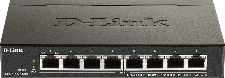 Šakotuvas D-LINK 8-Port Layer2 PoE Smart Gigabit Switch 8x 10/100/1000Mbps TP RJ-45 PoE prievadas 802.3af/at Power-over-Ethernet iki 30 vatų