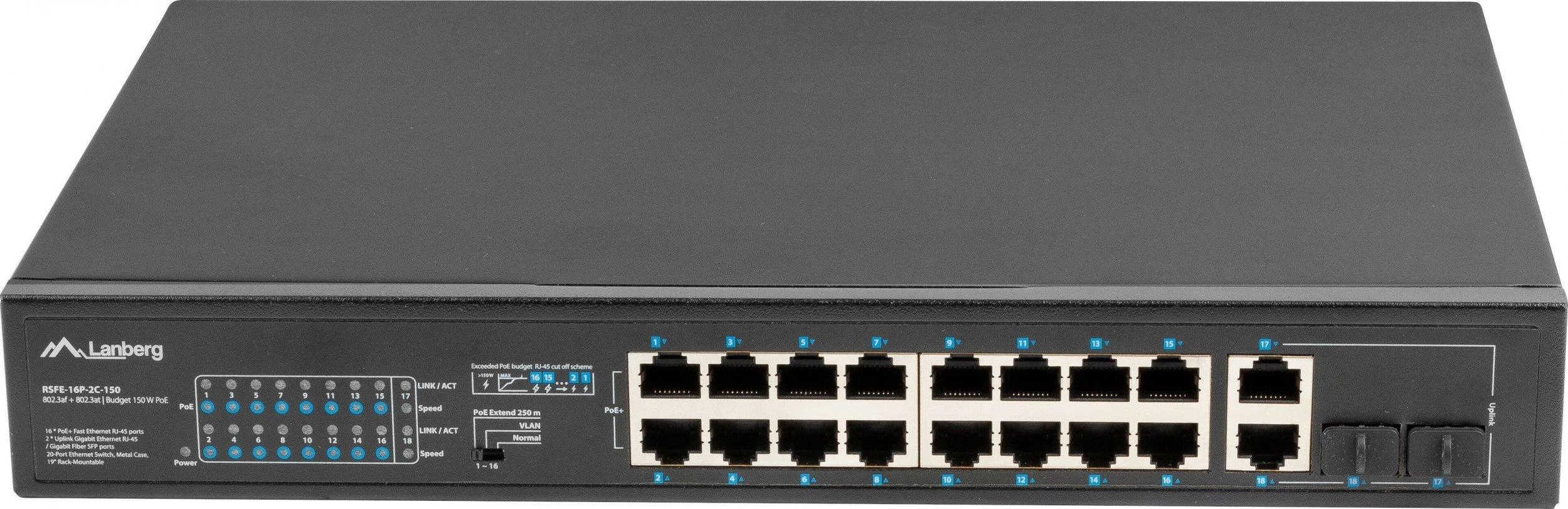 Šakotuvas LANBERG RSFE-16P-2C-250 jungiklis 16x 100Mb PoE+/2x Combo Gigabit 250W nevaldomas