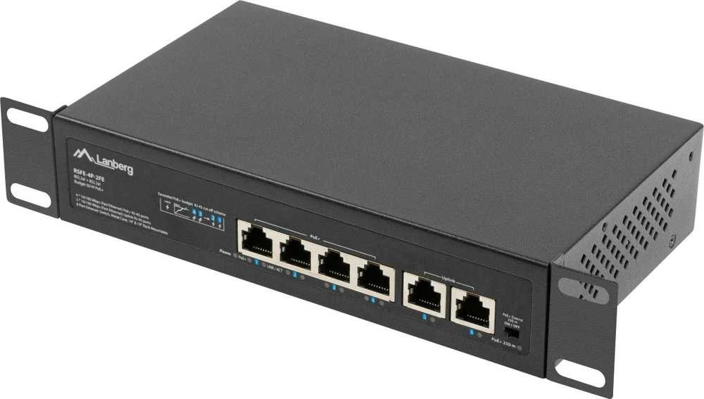 Šakotuvas LANBERG jungiklis PoE 19 colių 6 prievadų 100MB 4 jungtys PoE 30W/prievadas max 60W DSP3-0105-60W nevaldomas
