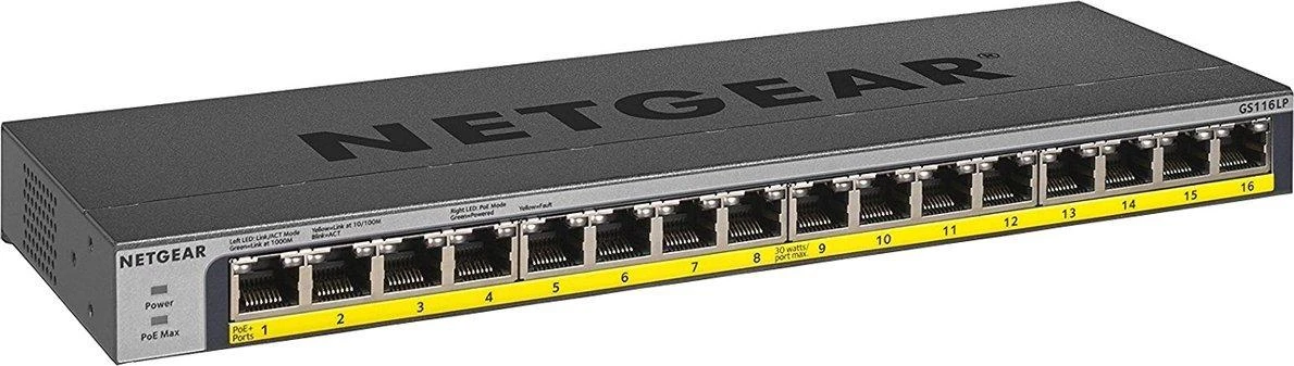 Šakotuvas Netgear GS116LP Ne-valdomas Gigabit Ethernet (10/100/1000) Juoda Maitinimas per Eternetą (PoE)