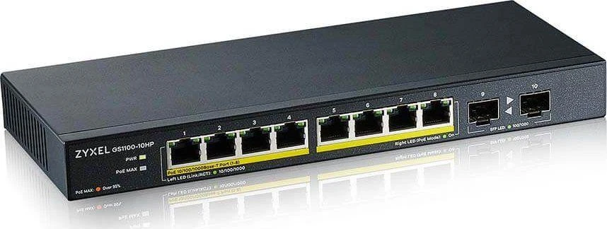 Šakotuvas ZYXEL GS1100-10HPV2, nevaldomas POE 8X gigabitas, 2X šviesolaidinis uplink, 130 vatų POE (5 metų garantija)