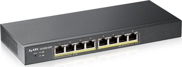 Šakotuvas ZYXEL GS1900-8HP V3, 8-PORT GBE L2 POE SMART SWITCH, 802.3AT, DESKTOP, FANLESS, 77 WATT (5Y WARRANTY)