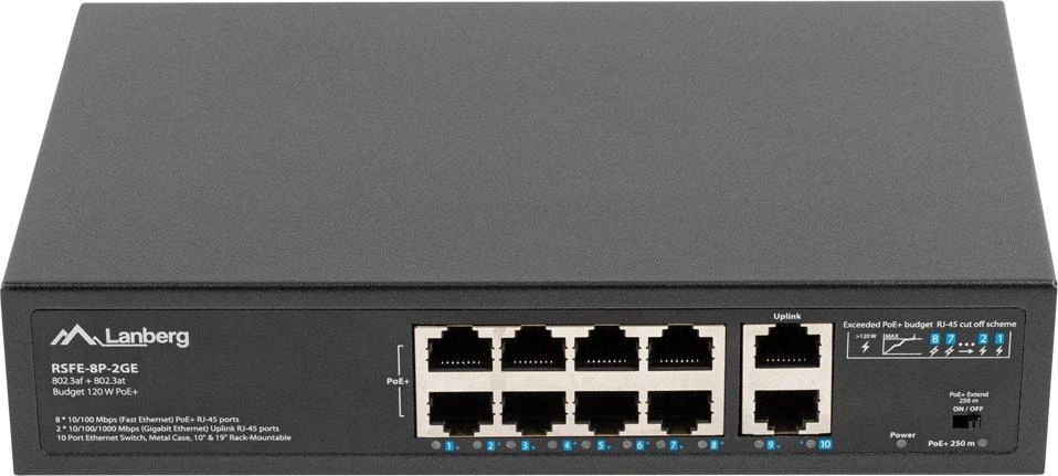 Šakotuvas LANBERG jungiklis PoE 19 colių 10 prievadų 100MB 8 jungtys PoE 30W/prievadas max 120w RSFE-8P-2GE nevaldomas