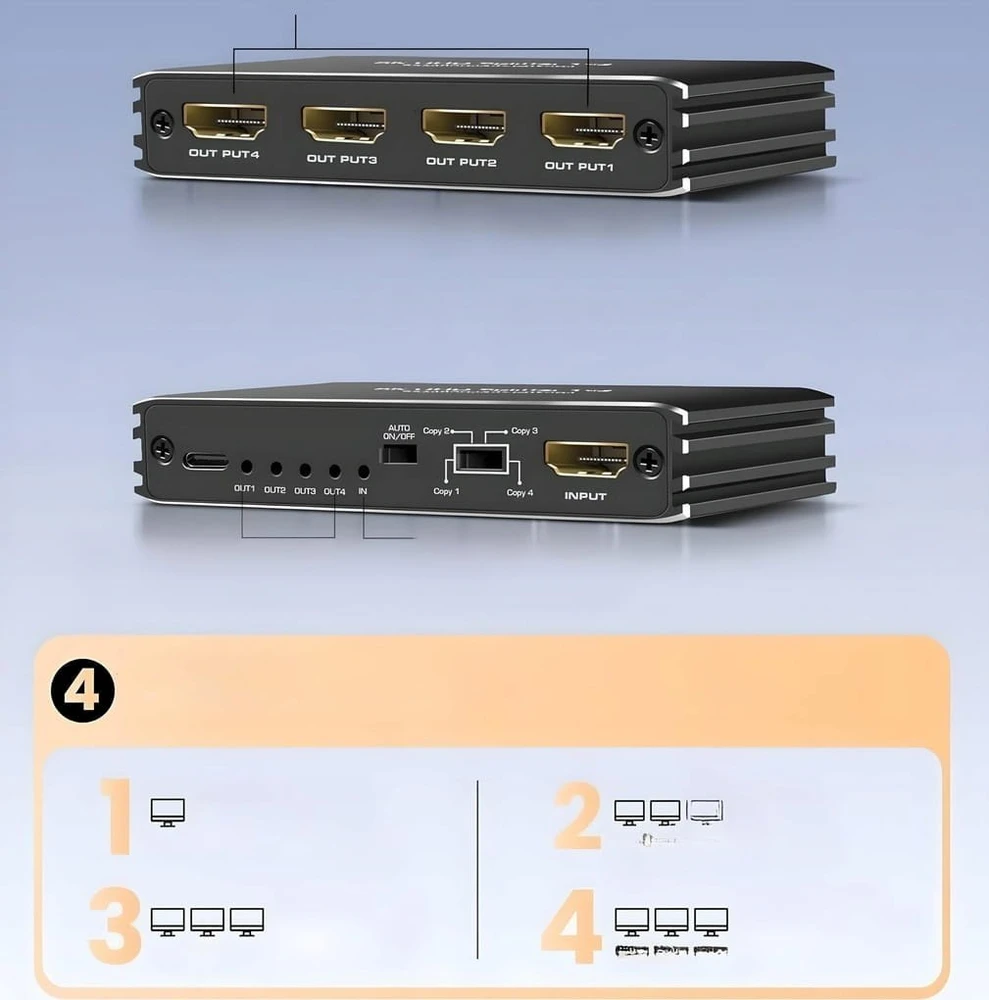 Pawonik skirstytuvas HDMI 2.1 1x4 jungtis ULTRAHD HDCP 2.3 8K60HZ 4K 120HZ - 4 vieno dydžio televizoriai