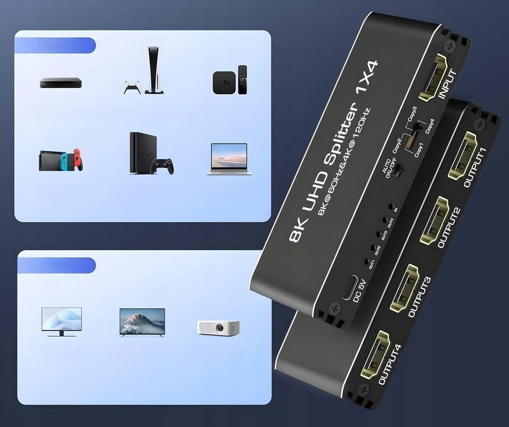 Pawonik skirstytuvas HDMI 2.1 1x4 jungtis ULTRAHD HDCP 2.3 8K60HZ 4K 120HZ - 4 vieno dydžio televizoriai