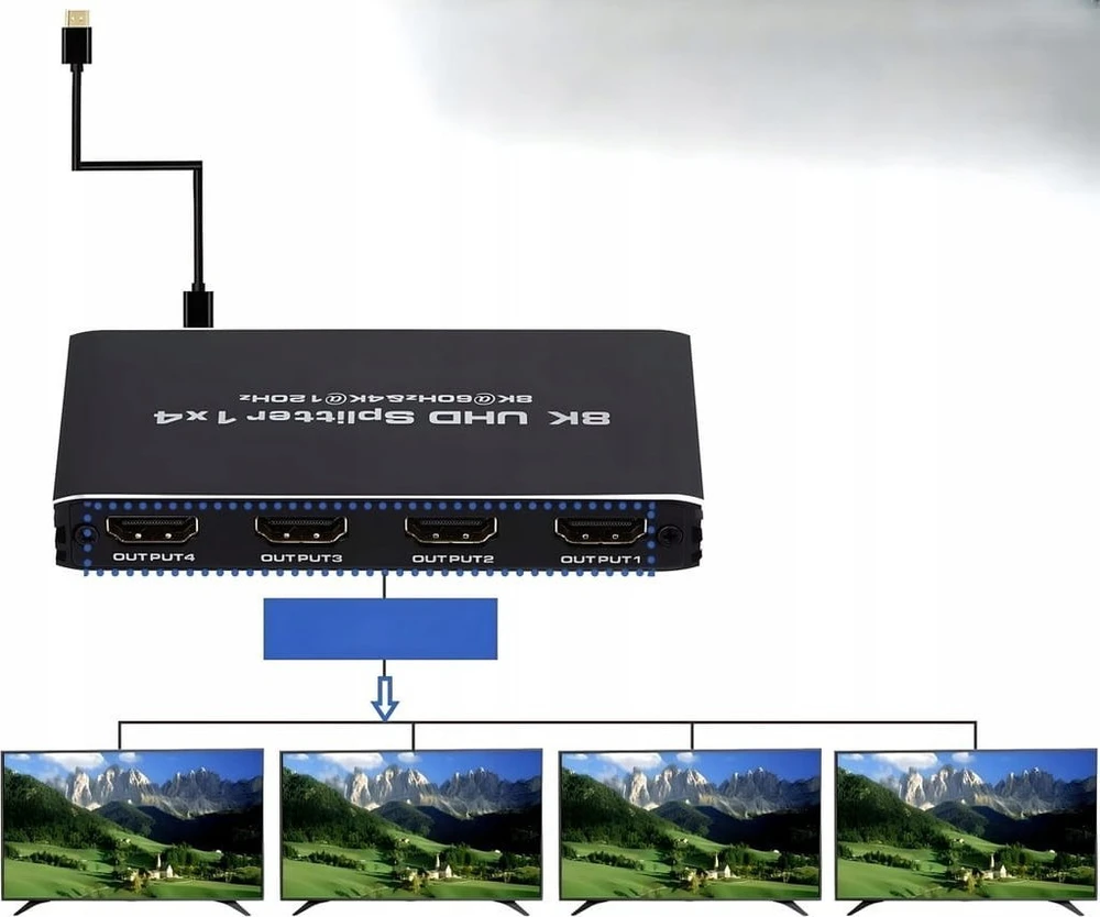 Pawonik skirstytuvas HDMI 2.1 1x4 jungtis ULTRAHD HDCP 2.3 8K60HZ 4K 120HZ - 4 vieno dydžio televizoriai
