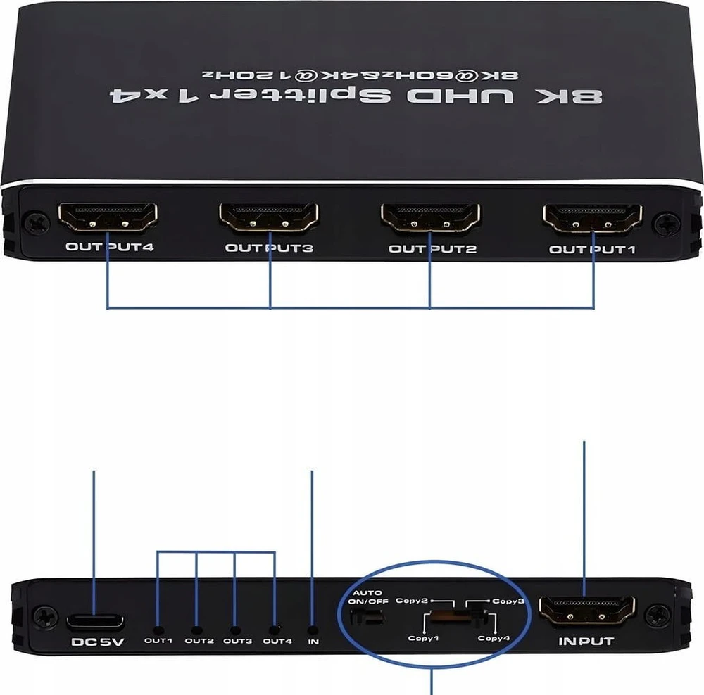 Pawonik skirstytuvas HDMI 2.1 1x4 jungtis ULTRAHD HDCP 2.3 8K60HZ 4K 120HZ - 4 vieno dydžio televizoriai
