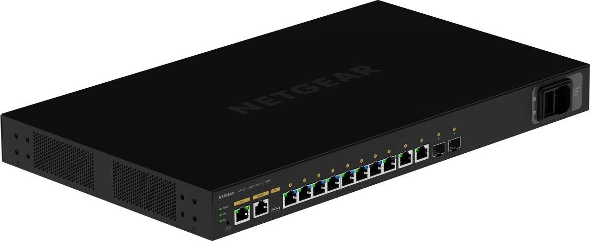 Šakotuvas NETGEAR 12 prievadų AV linija M4250-10G2XF-PoE++ 8x1G Utra90 PoE++ 802.3bt 720W 2x1G 2xSFP+ valdomas jungiklis