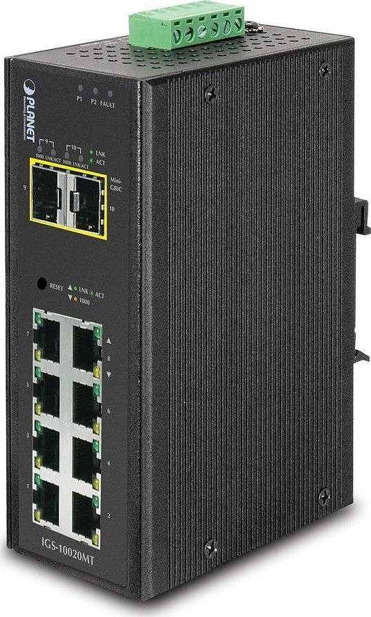 Šakotuvas Planet IP30 Industrial 8* 1000TP + 2* 100/1000F SFP visiškai valdomas Ethernet jungiklis (nuo -40 iki 75 laipsnių C)
