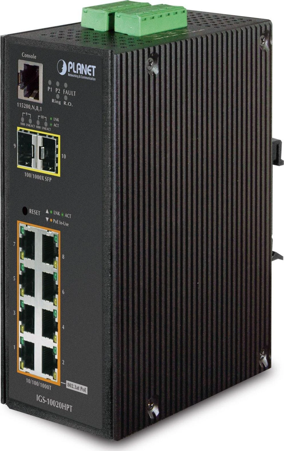 Planet IP30 L2/L4 SNMP valdomas 8 prievadų Gigabit POE+(AT) jungiklis + 2 prievadų Gigabit SFP pramoninis jungiklis (nuo -40 iki 75 C)