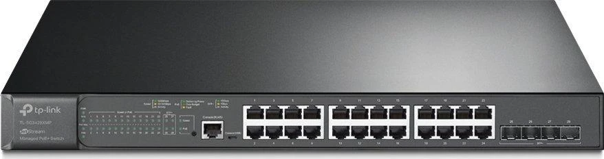 Šakotuvas TP-LINK | 24 prievadų gigabito ir 4 prievadų 10GE SFP+ L2+ valdomas komutatorius su 24 prievadų PoE+ | TL-SG3428XMP JetStream | Valdomas L2+ | Montuojamas į lentyną
