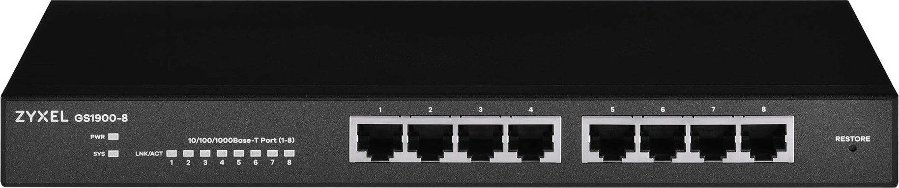 Šakotuvas ZYXEL GS1900-8 V2, 8 PORT GBE L2 SMART SWITCH, DESKTOP, FANLESS (5Y WARRANTY)