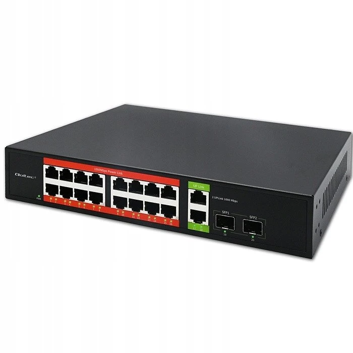 Šakotuvas Qoltec 52292 gigabito Ethernet PoE komutatorius | 16x RJ45 | 2x RJ45 Uplink | 2x SFP | 1000 Mb/s