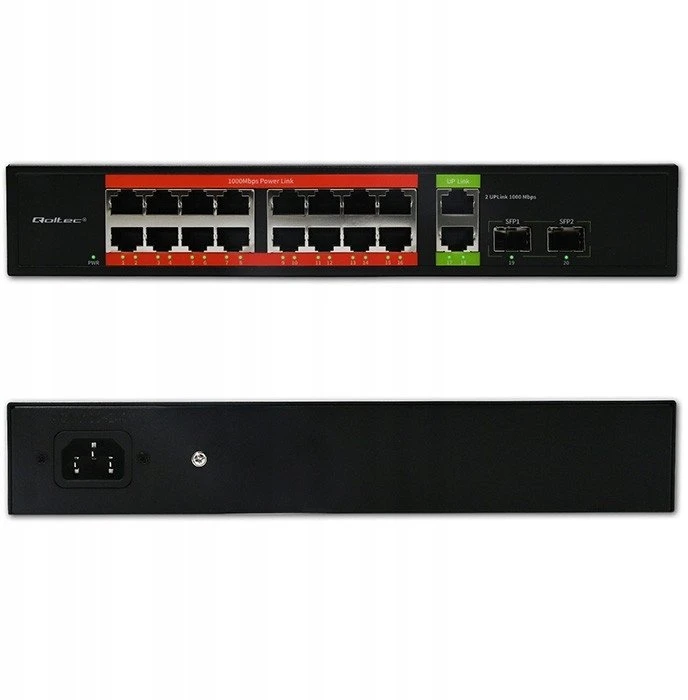 Šakotuvas Qoltec 52292 gigabito Ethernet PoE komutatorius | 16x RJ45 | 2x RJ45 Uplink | 2x SFP | 1000 Mb/s