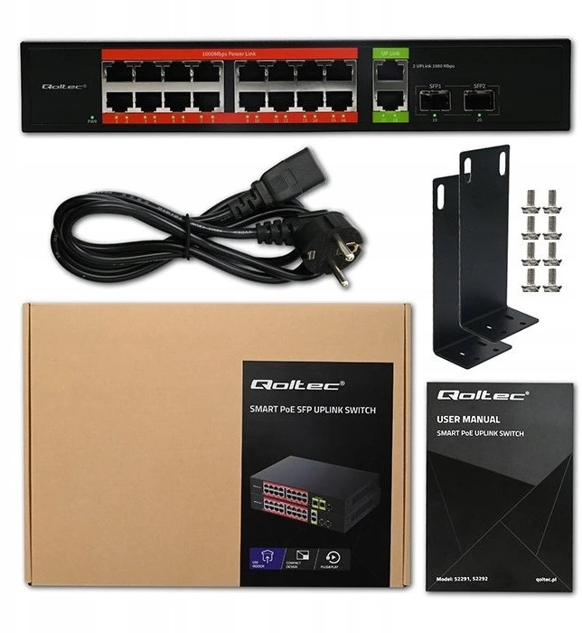 Šakotuvas Qoltec 52292 gigabito Ethernet PoE komutatorius | 16x RJ45 | 2x RJ45 Uplink | 2x SFP | 1000 Mb/s