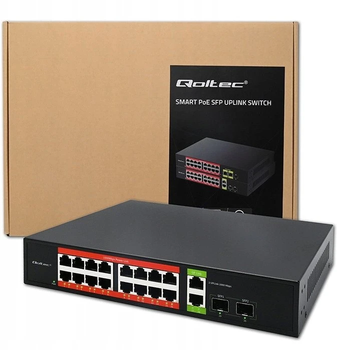 Šakotuvas Qoltec 52292 gigabito Ethernet PoE komutatorius | 16x RJ45 | 2x RJ45 Uplink | 2x SFP | 1000 Mb/s