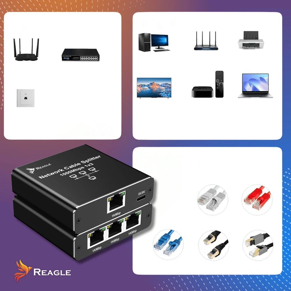 Šakotuvas Reagle Reagle Adapteris Dalytuvas Switch Splitter LAN Ethernet RJ45 3xRJ45 1000M 1GB