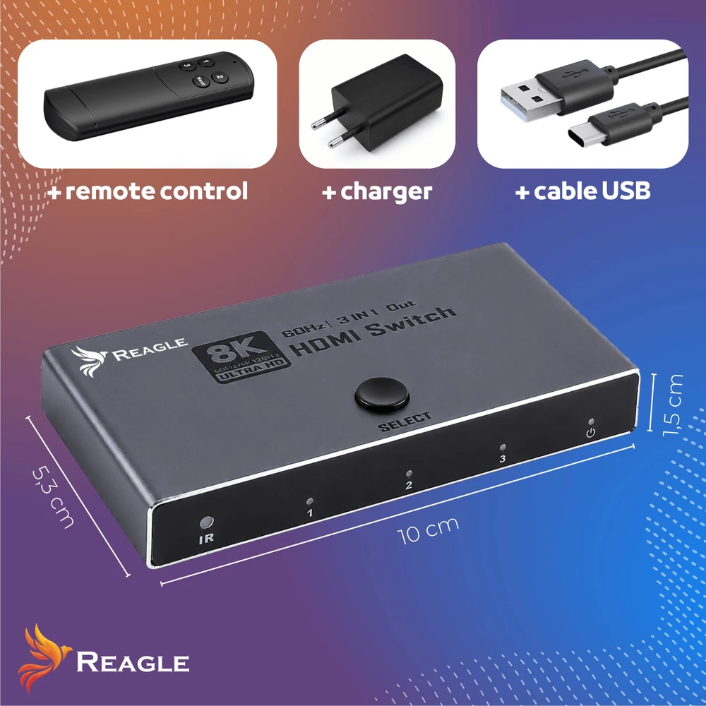 Šakotuvas Reagle HDMI 2.1 switch splitter skirstytuvas 4K 144Hz perjungiklis 3 prievadai 3x1 su pulteliu