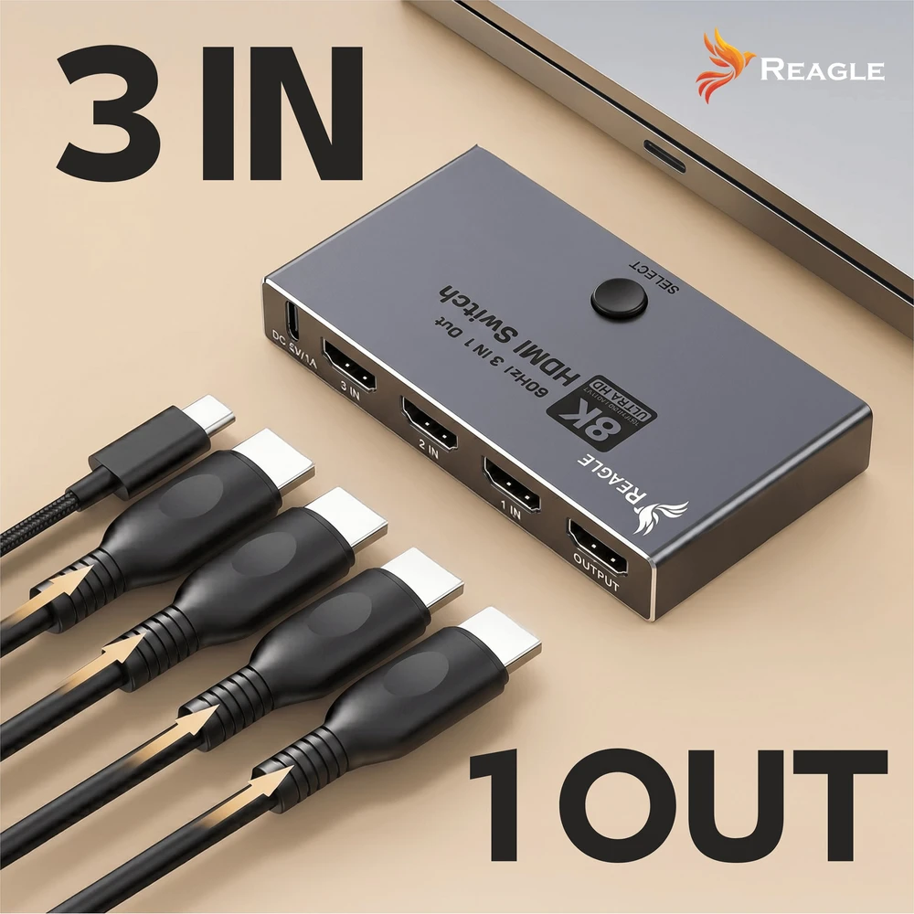 Šakotuvas Reagle HDMI 2.1 switch splitter skirstytuvas 4K 144Hz perjungiklis 3 prievadai 3x1 su pulteliu