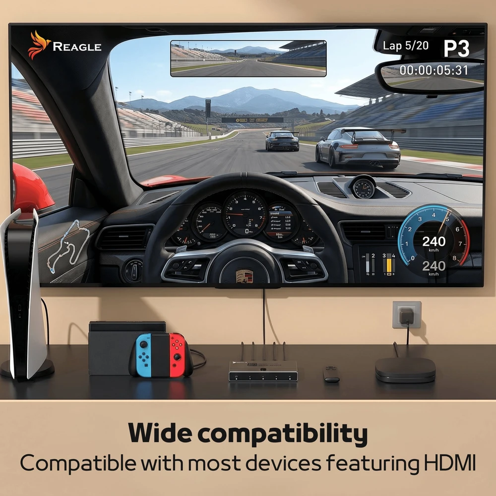 Šakotuvas Reagle HDMI 2.1 switch splitter skirstytuvas 4K 144Hz perjungiklis 3 prievadai 3x1 su pulteliu