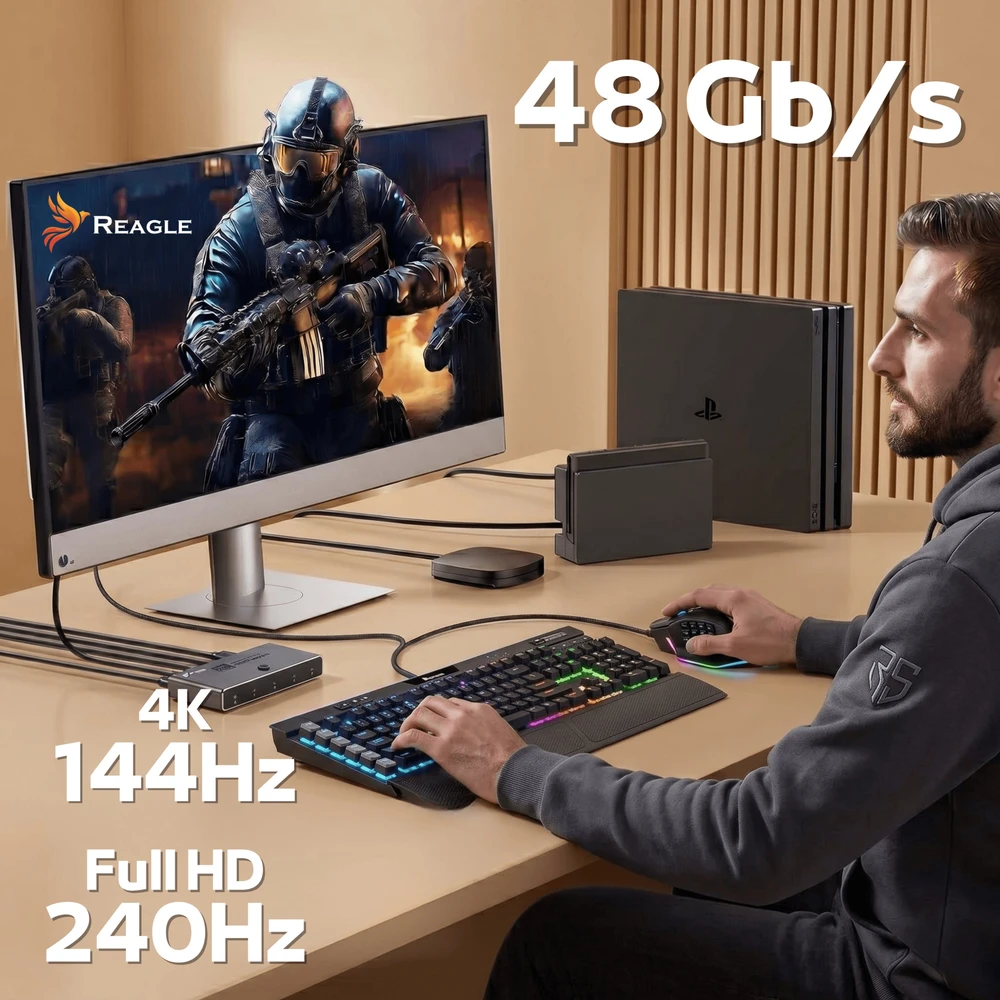 Šakotuvas Reagle HDMI 2.1 switch splitter skirstytuvas 4K 144Hz perjungiklis 3 prievadai 3x1 su pulteliu