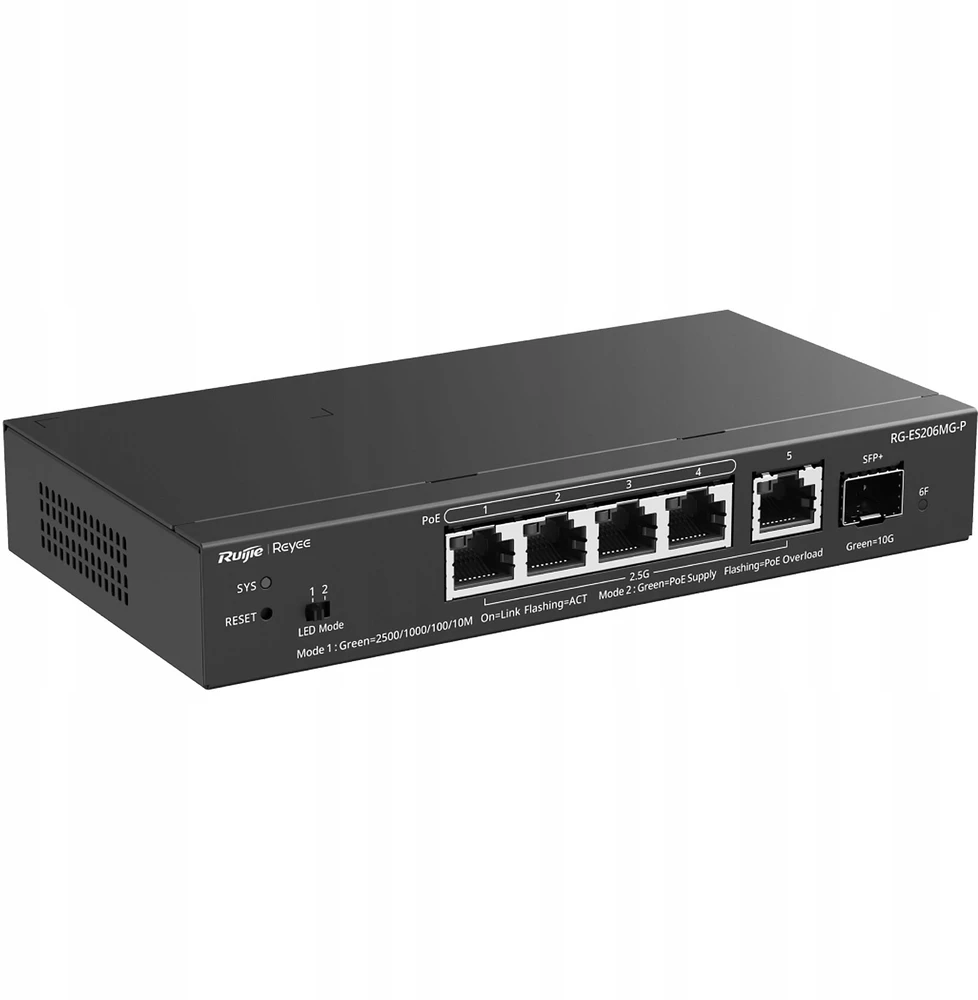Šakotuvas Ruijie Networks RG-ES206MG-P tinklo komutatorius Valdomas L2 2.5G Ethernet (100/1000/2500) Maitinimas per Eternetą (PoE) Stalinis / tvirtinamas prie sienos Juoda