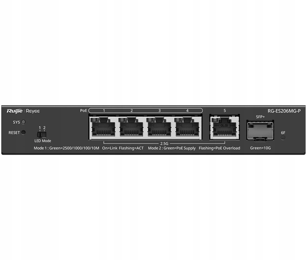 Šakotuvas Ruijie Networks RG-ES206MG-P tinklo komutatorius Valdomas L2 2.5G Ethernet (100/1000/2500) Maitinimas per Eternetą (PoE) Stalinis / tvirtinamas prie sienos Juoda