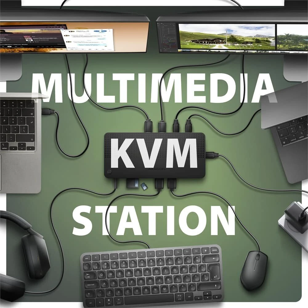 Axagon HMC-DL-KVM USB-C 10 Gbps DisplayLink KVM stotelė dviem 4K monitoriams ir kompiuteriams