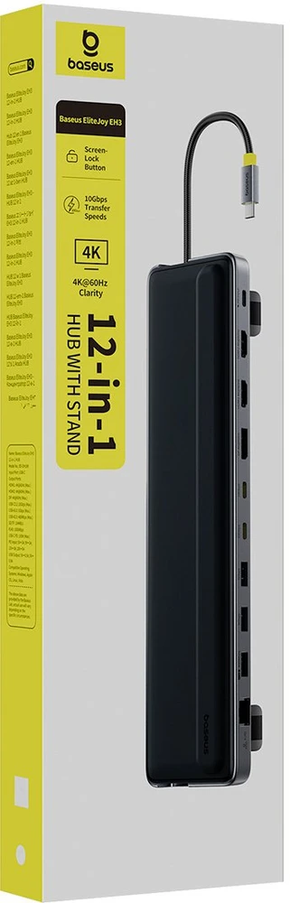 „Baseus EliteJoy EH3 12w1 USB-C“ | 2xHDMI 4K@60Hz | DP 4K@60Hz | 2xUSB-C 10Gb/s | 2xUSB-A 5Gb/s | USB-A 480Mb/s | SD/Micro SD 3.0 | RJ45 1Gb | USB-C PD pilka