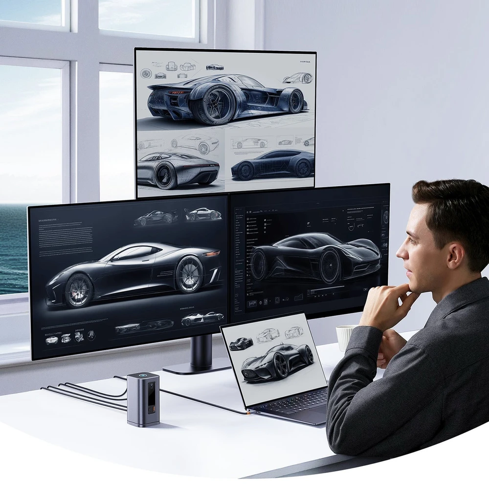 „Baseus Spacemate RD1 11w1 USB-C“ | 2xHDMI 4K@60Hz | 2xDP 4K@60Hz | 2xUSB-A 10Gb/s | USB-C 10Gb/s | RJ45 | USB-A 480Mb/s | USB-C PD | mini lizdas 3,5 mm | kroviklis EU pilka