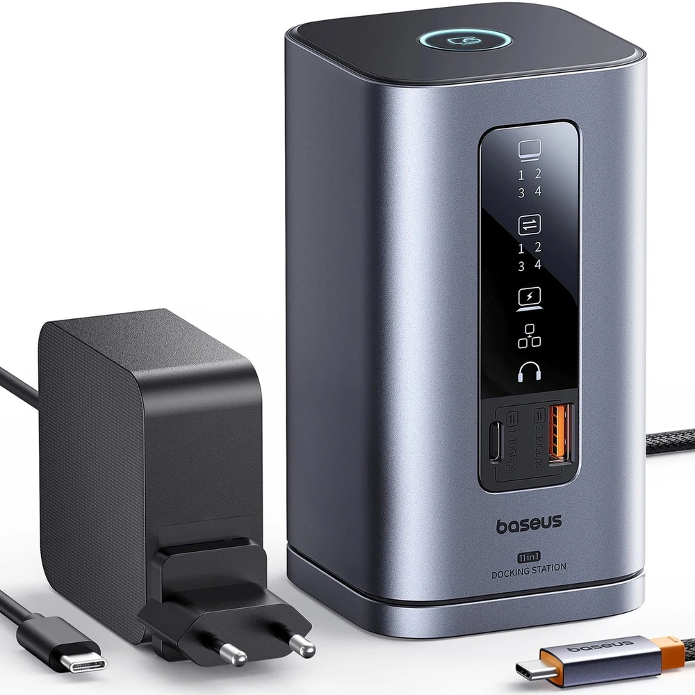 „Baseus Spacemate RD1 11w1 USB-C“ | 2xHDMI 4K@60Hz | 2xDP 4K@60Hz | 2xUSB-A 10Gb/s | USB-C 10Gb/s | RJ45 | USB-A 480Mb/s | USB-C PD | mini lizdas 3,5 mm | kroviklis EU pilka