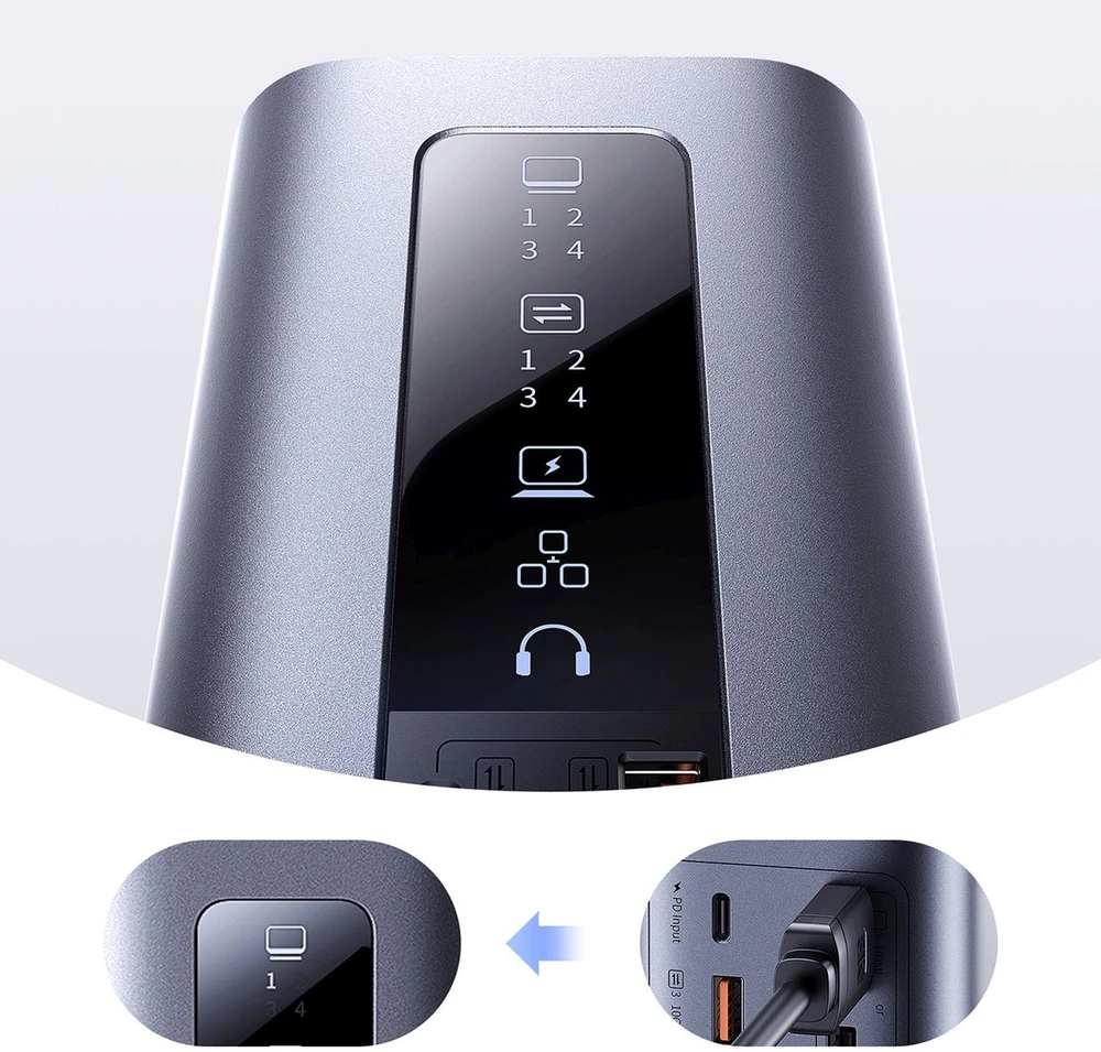 „Baseus Spacemate RD1 11w1 USB-C“ | 2xHDMI 4K@60Hz | 2xDP 4K@60Hz | 2xUSB-A 10Gb/s | USB-C 10Gb/s | RJ45 | USB-A 480Mb/s | USB-C PD | mini lizdas 3,5 mm | kroviklis EU pilka