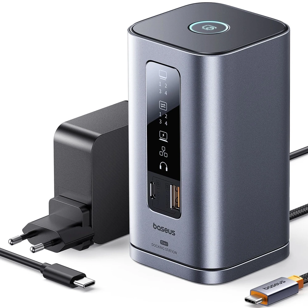 „Baseus Spacemate RD1 11w1 USB-C“ | 2xHDMI 4K@60Hz | 2xDP 4K@60Hz | 2xUSB-A 10Gb/s | USB-C 10Gb/s | RJ45 | USB-A 480Mb/s | USB-C PD | mini lizdas 3,5 mm | kroviklis EU pilka