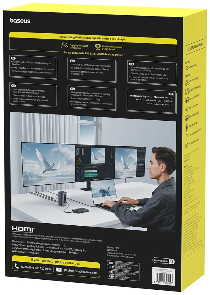 „Baseus Spacemate RD1 11w1 USB-C“ | 2xHDMI 4K@60Hz | 2xDP 4K@60Hz | 2xUSB-A 10Gb/s | USB-C 10Gb/s | RJ45 | USB-A 480Mb/s | USB-C PD | mini lizdas 3,5 mm | kroviklis EU pilka