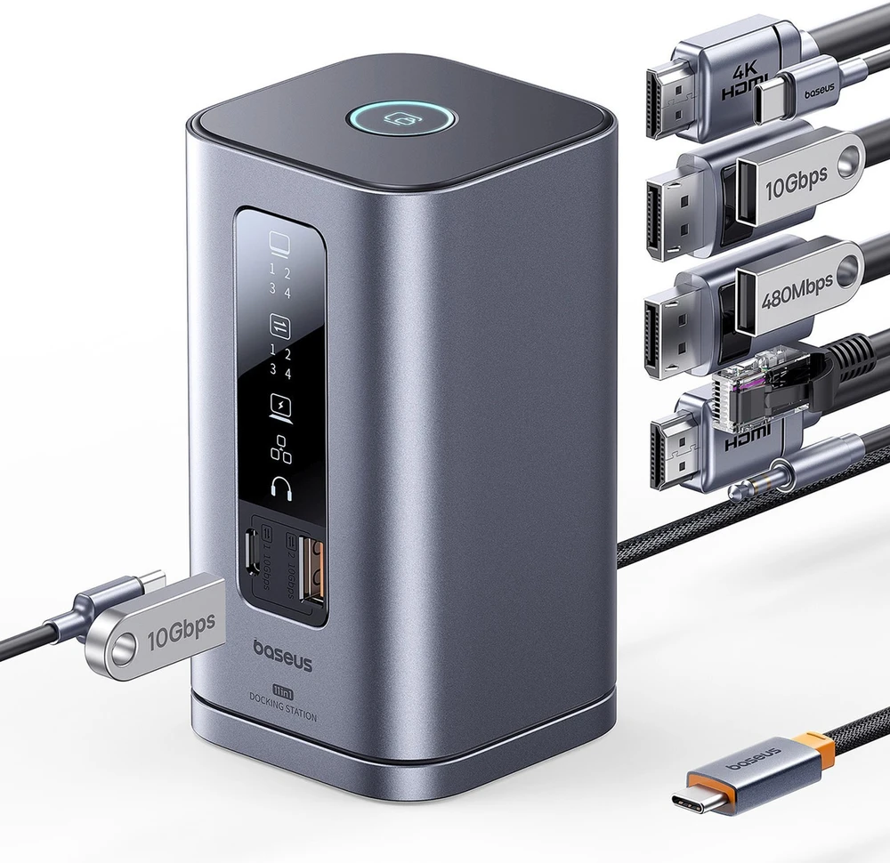 „Baseus Spacemate RD1 11w1 USB-C“ | 2xHDMI 4K@60Hz | 2xDP 4K@60Hz | 2xUSB-A 10Gb/s | USB-C 10Gb/s | RJ45 | USB-A 480Mb/s | USB-C PD | mini lizdas 3,5 mm | kroviklis EU pilka