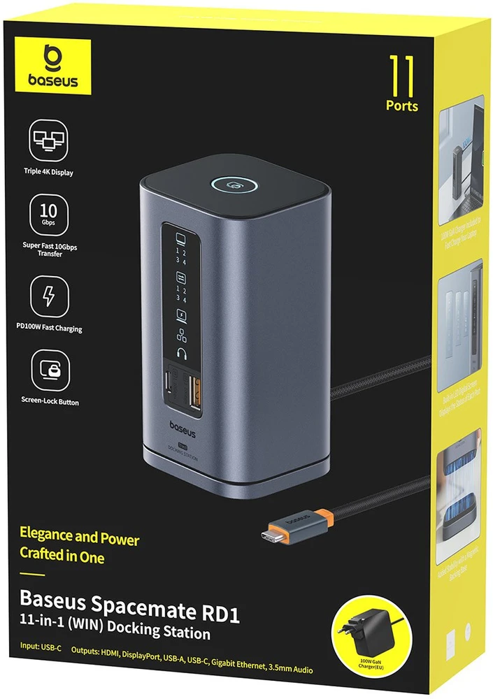 „Baseus Spacemate RD1 11w1 USB-C“ | 2xHDMI 4K@60Hz | 2xDP 4K@60Hz | 2xUSB-A 10Gb/s | USB-C 10Gb/s | RJ45 | USB-A 480Mb/s | USB-C PD | mini lizdas 3,5 mm | kroviklis EU pilka