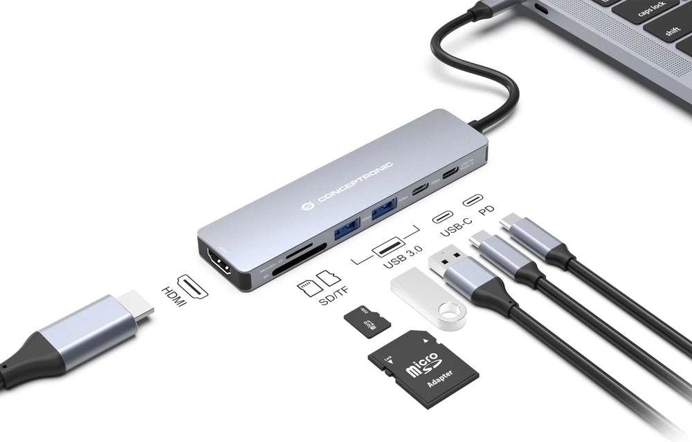 Stacja/replikator Conceptronic CONCEPTRONIC 7-1 Dock USB-C->HDMI/USB-C/2xUSB-A/+ 25cm gr