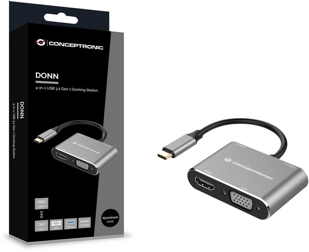 Stacja/replikator Conceptronic Conceptronic DONN16G doko stotelė Przewodowa USB 3.2 Gen 1 (3.1 Gen 1) Type-C Juodas, Sidabrinė