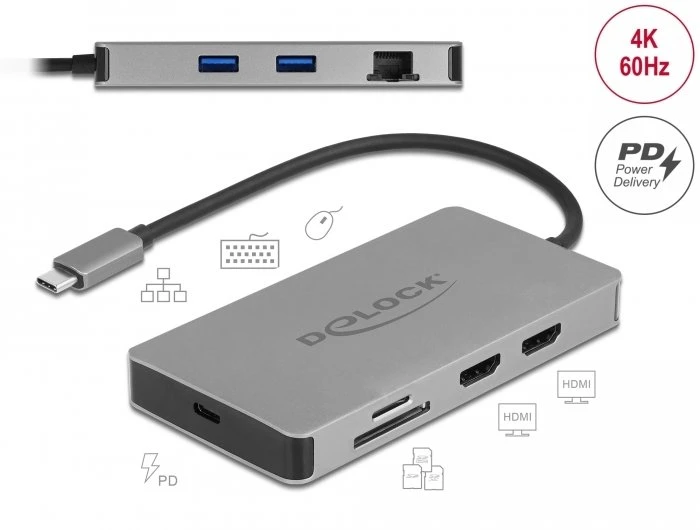 „Delock USB Type-C™“ prijungimo stotelė 4K – dvigubas HDMI MST / USB 3.2 SD / LAN / PD 3.0