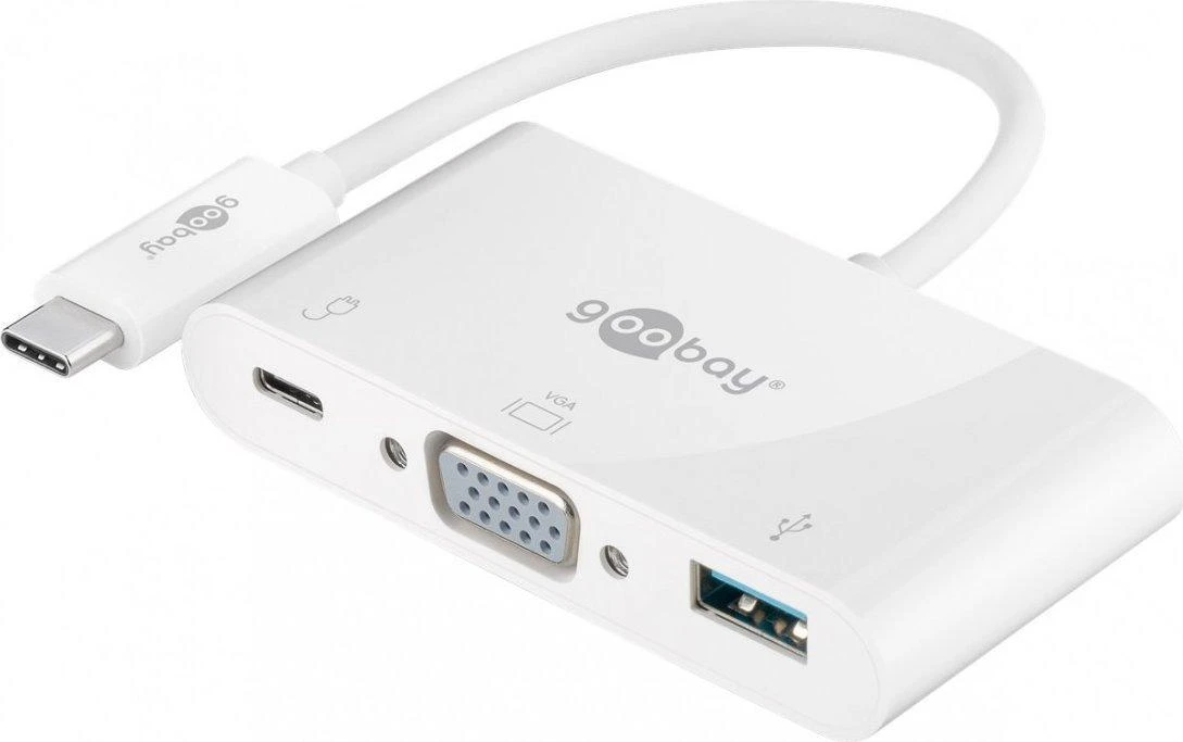 Goobay USB-C™ kelių prievadų adapteris VGA, PD, baltas – išplečia USB-C™ įrenginį su USB 3.0 ir VGA prievadu