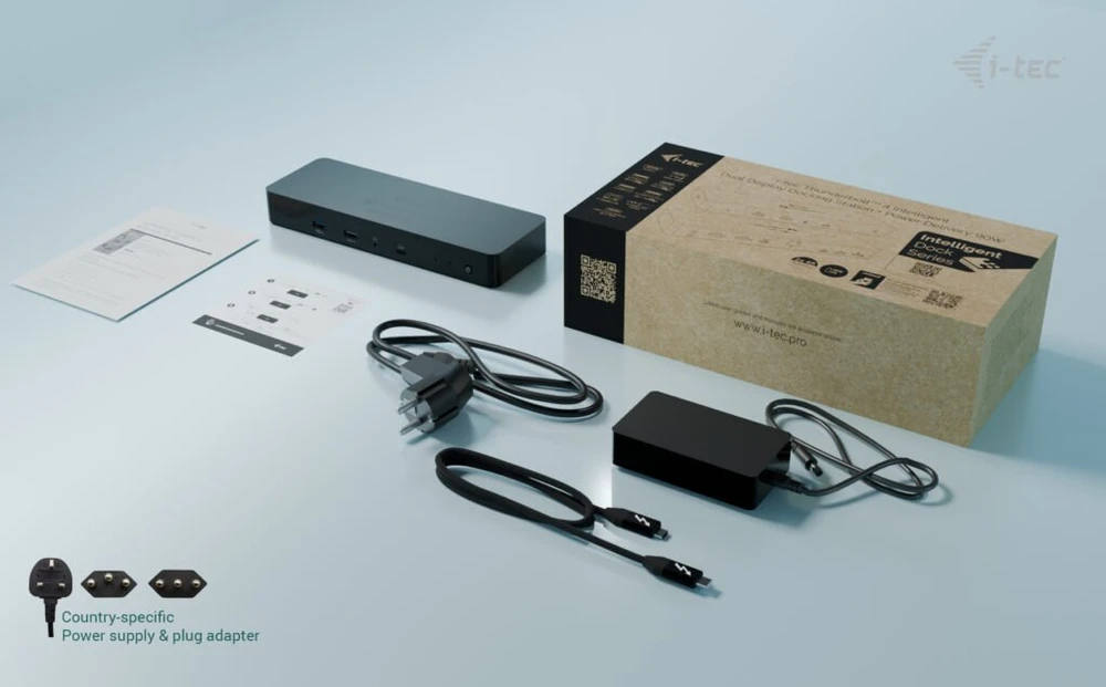 „I-tec TB4“ išmanioji dvigubo ekrano prijungimo stotelė, maitinimo šaltinis, 90 W, 2 x DP, vaizdo įrašymo įrenginys, TB garso jungtis, LAN, USB-A, 10 Gbps, USB-C, 10 Gbps, Kensingtono užraktas.