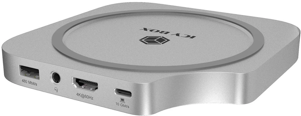 ICY BOX USB-C 7w1, skirtas „Mac Mini M4“ | 3x USB-A | 1x HDMI | 1x garso/mikrofono | 1x SD/Micro SD | 1x M.2 NVMe