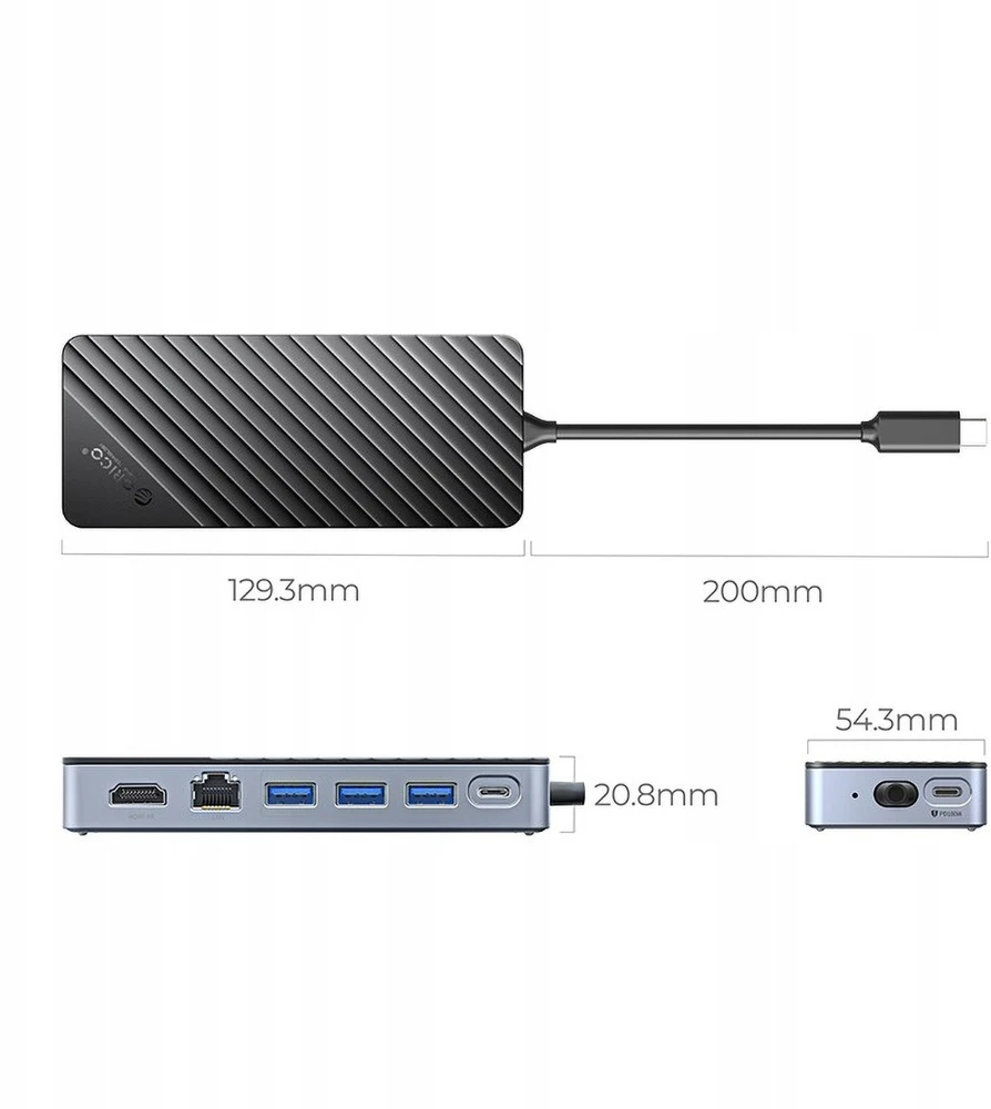 Orico 8w1 adapteris – techniniai matmenys ir jungtys