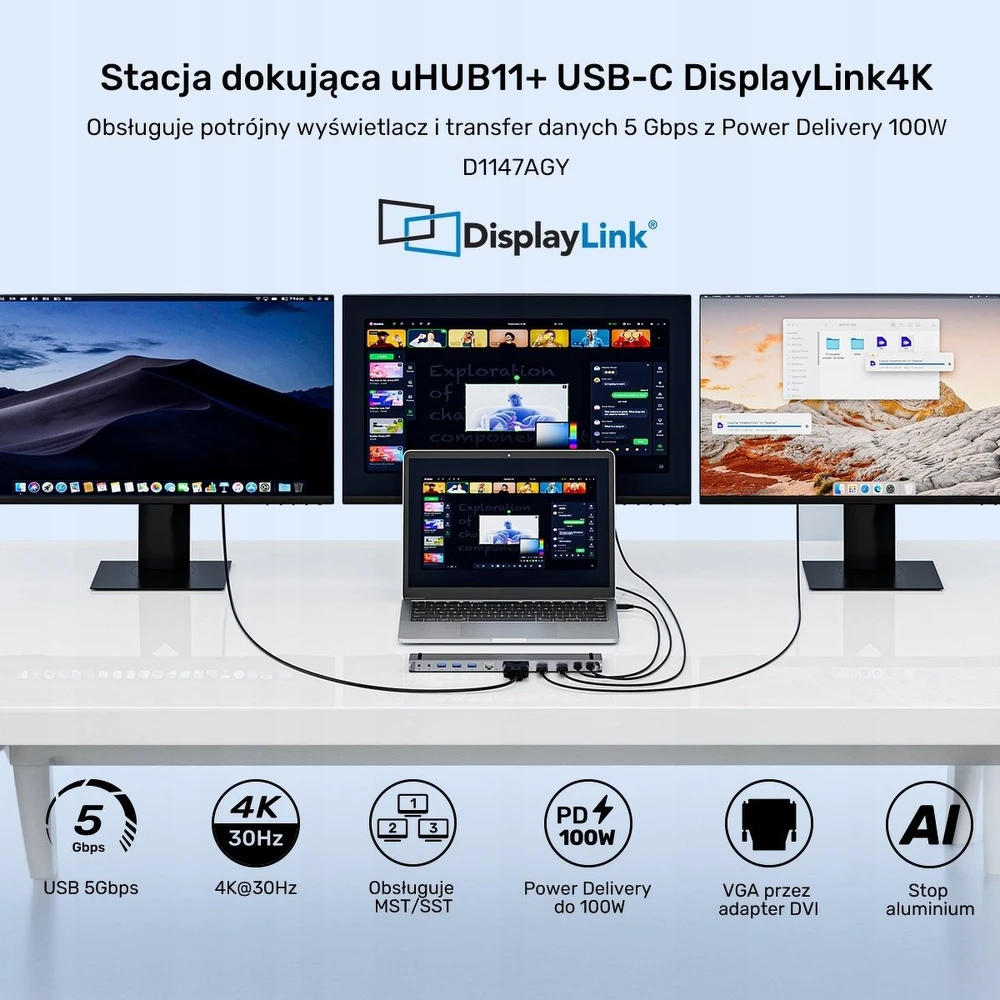Doko stotelė Unitek USB-C su DisplayLink 4K | 4K@30Hz | 5Gbps | PD 100W